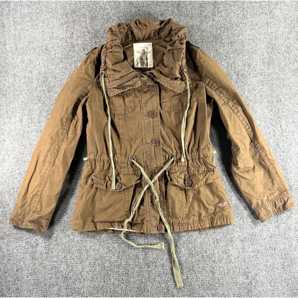 Y2K Hollister Brown Utility Jacket Womens XL Cotton Blend Ruffle Neck Field Coat
